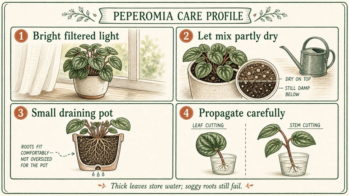 Four peperomia care checks: provide bright filtered light, let the mix partly dry, use a small draining pot, and propagate with leaf or stem cuttings