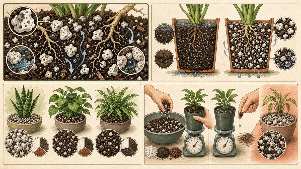 Four-step visual guide to perlite in potting soil: porous particles create air space, an airy mix drains better than a dense mix, ratios vary by plant type, and a small batch should be tested for moisture
