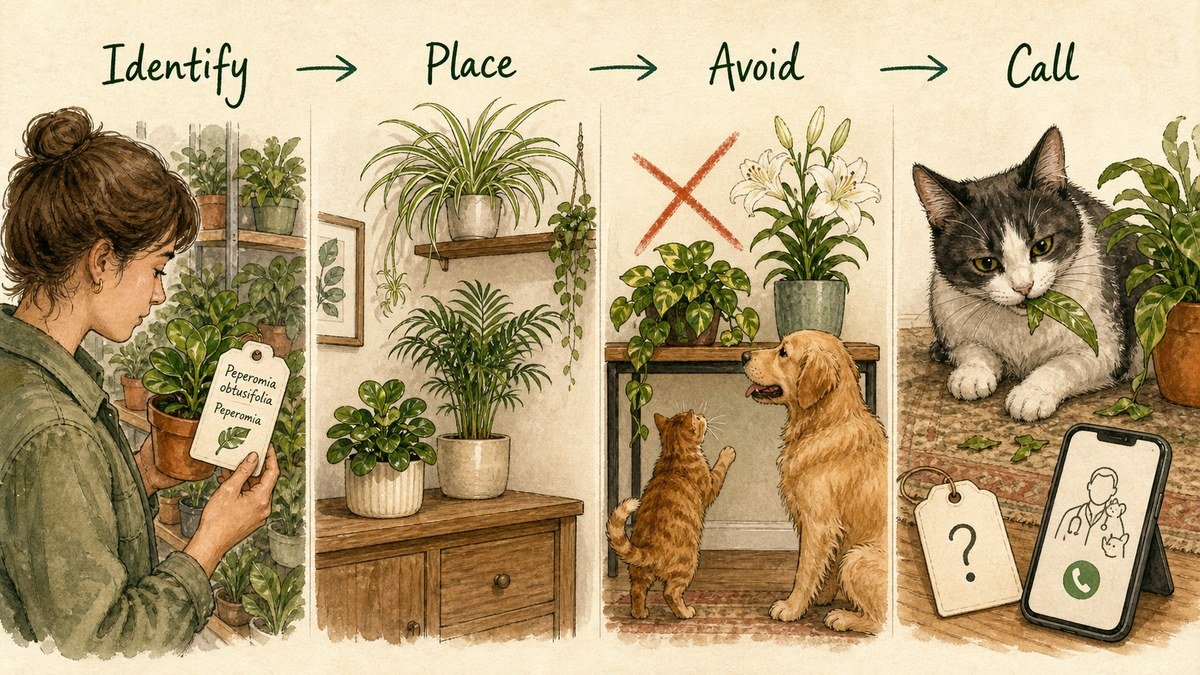 Four illustrated pet-safe houseplant steps: identify the botanical name, place safer plants out of reach, avoid toxic lookalikes, and call for advice if a pet chews an unknown plant