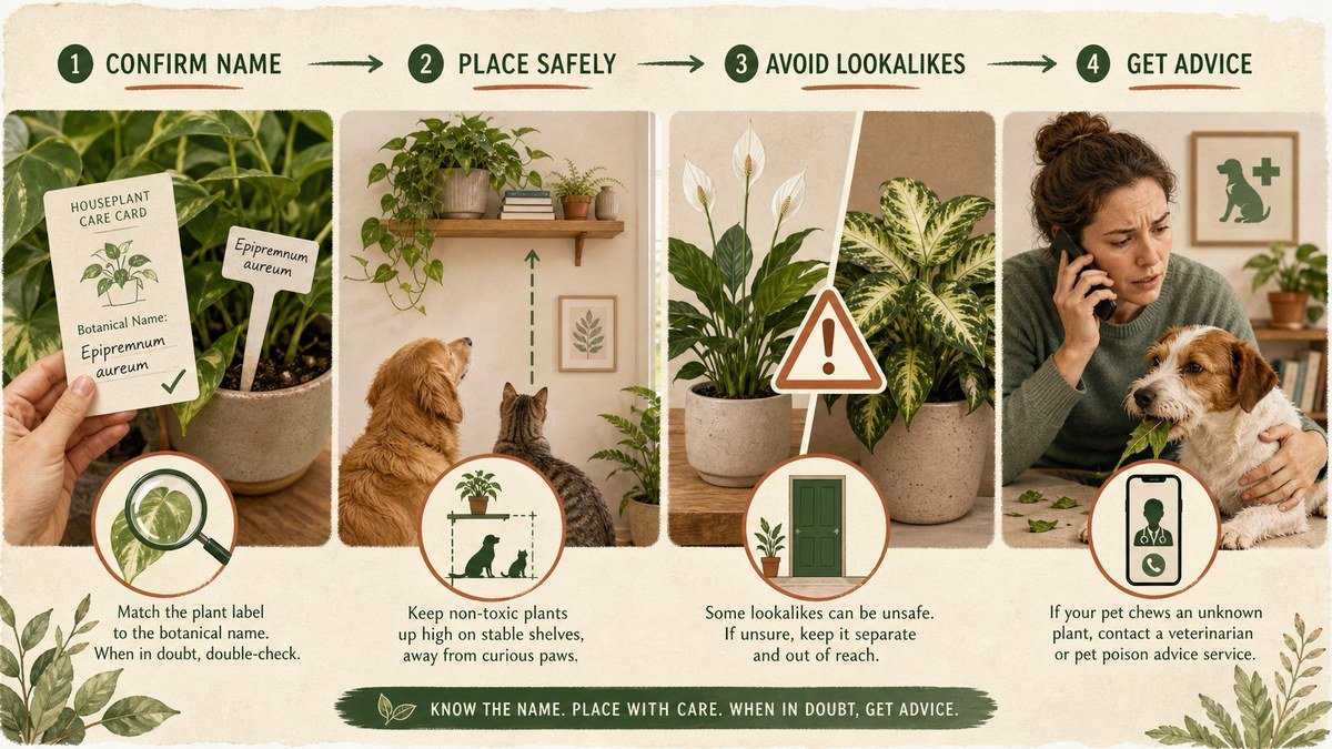 Pet-safe houseplant decisions: confirm the botanical name, place plants away from curious pets, avoid toxic lookalikes, and contact a veterinarian or poison advice service after an unknown plant is chewed