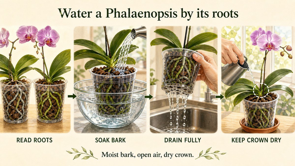 Plant-action diagram showing silver and green Phalaenopsis roots, soaking orchid bark, draining the clear pot, and pouring beside a dry crown