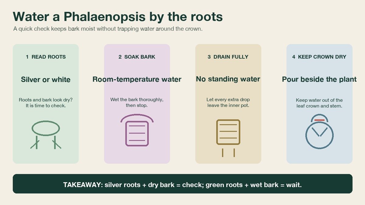 Four illustrated Phalaenopsis watering checks: read silver roots, soak the bark, drain fully, and keep water out of the crown