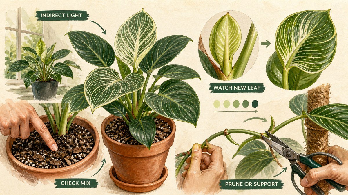 Philodendron Birkin care actions: provide indirect light, check the airy mix before watering, watch new leaves for changing variegation, and prune or support elongated growth