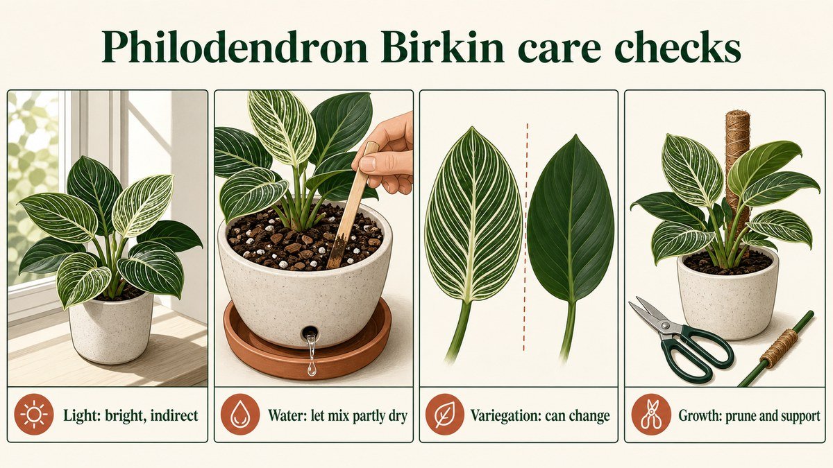 Infographic showing Philodendron Birkin checks for indirect light, partly dry airy mix, changing variegation, and pruning or support