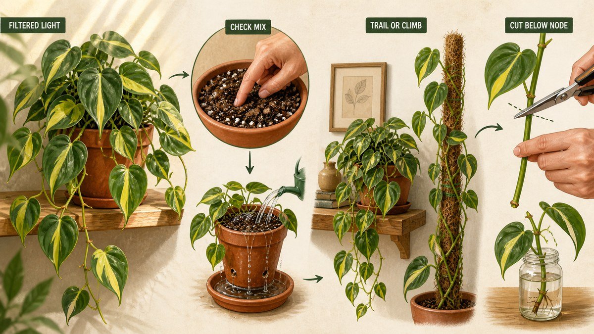 Philodendron Brasil care actions: provide bright filtered light, check partly dry potting mix, let stems trail or climb, and cut below a node for propagation