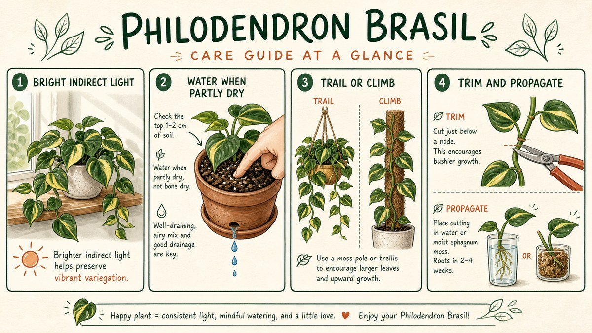 Four Philodendron Brasil care checks: provide bright indirect light, water partly dry soil, choose trailing or climbing support, and prune at a node to propagate