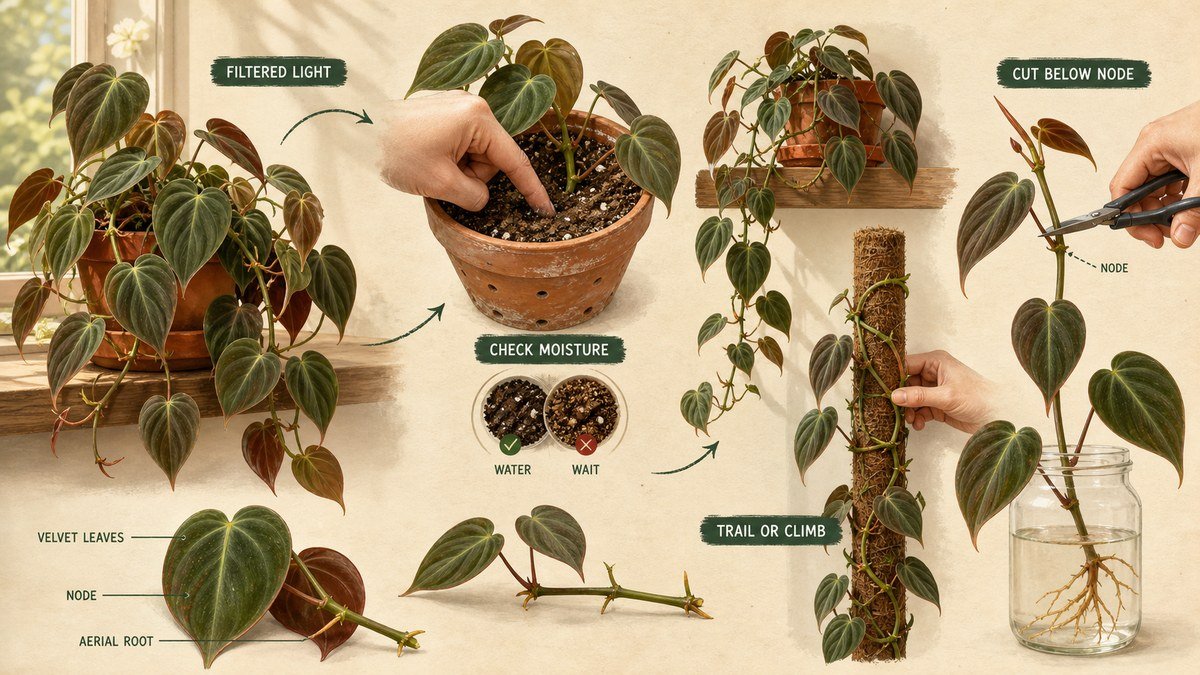 Philodendron Micans care actions: use filtered light, check moisture before watering, trail or climb the velvet vine, and cut below a visible node for propagation