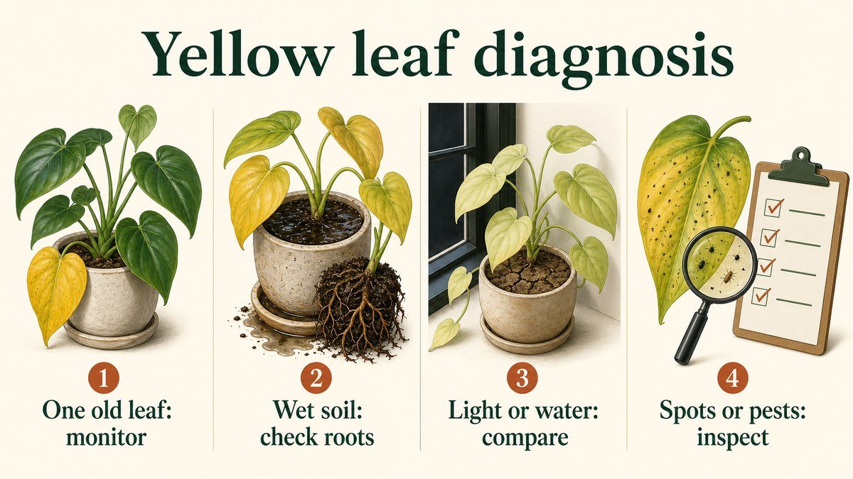 Infographic diagnosing Philodendron yellow leaves by comparing old leaves, wet roots, light or water, and pest signs