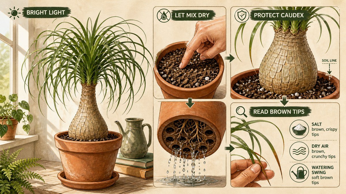 Ponytail palm care actions: provide bright light, let the potting mix dry well, keep the swollen caudex above the soil line, and inspect brown tips with water and air conditions in mind