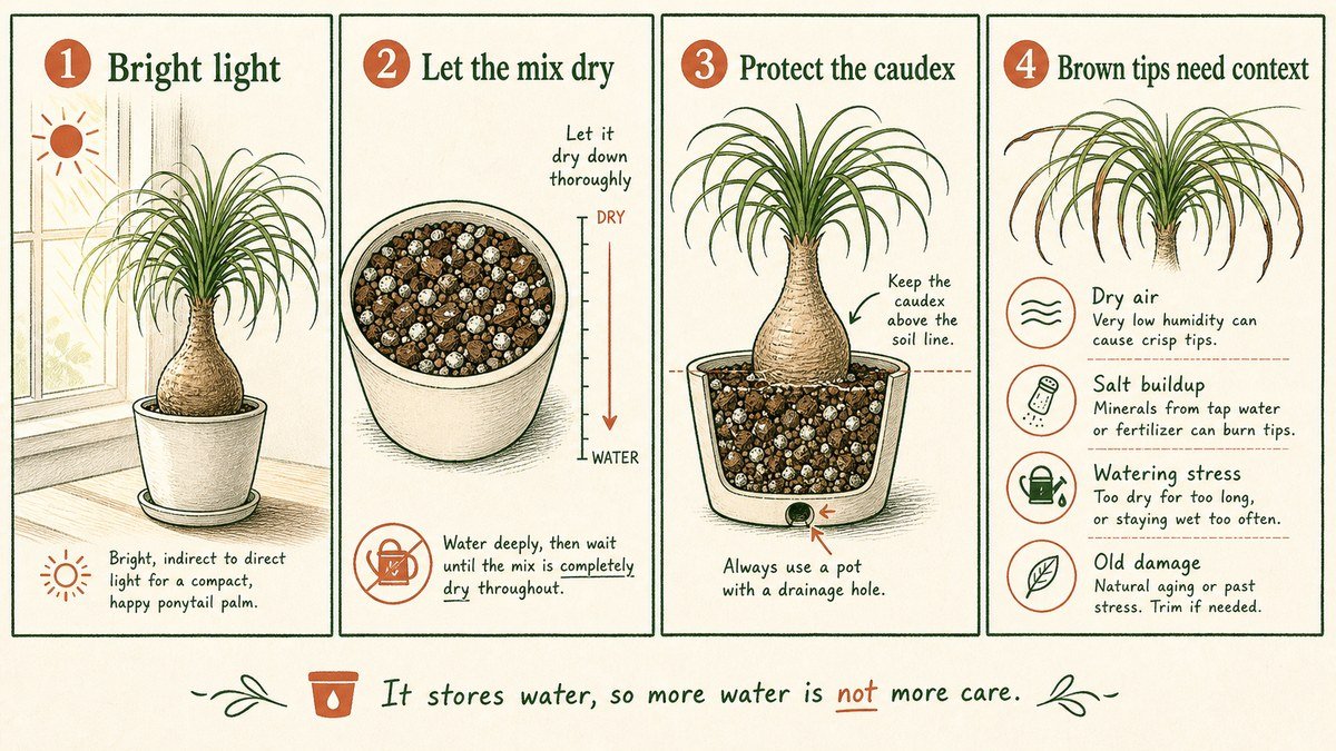 Four ponytail palm care checks: provide bright light, let the mix dry well, keep the swollen caudex and drainage healthy, and diagnose brown tips with context