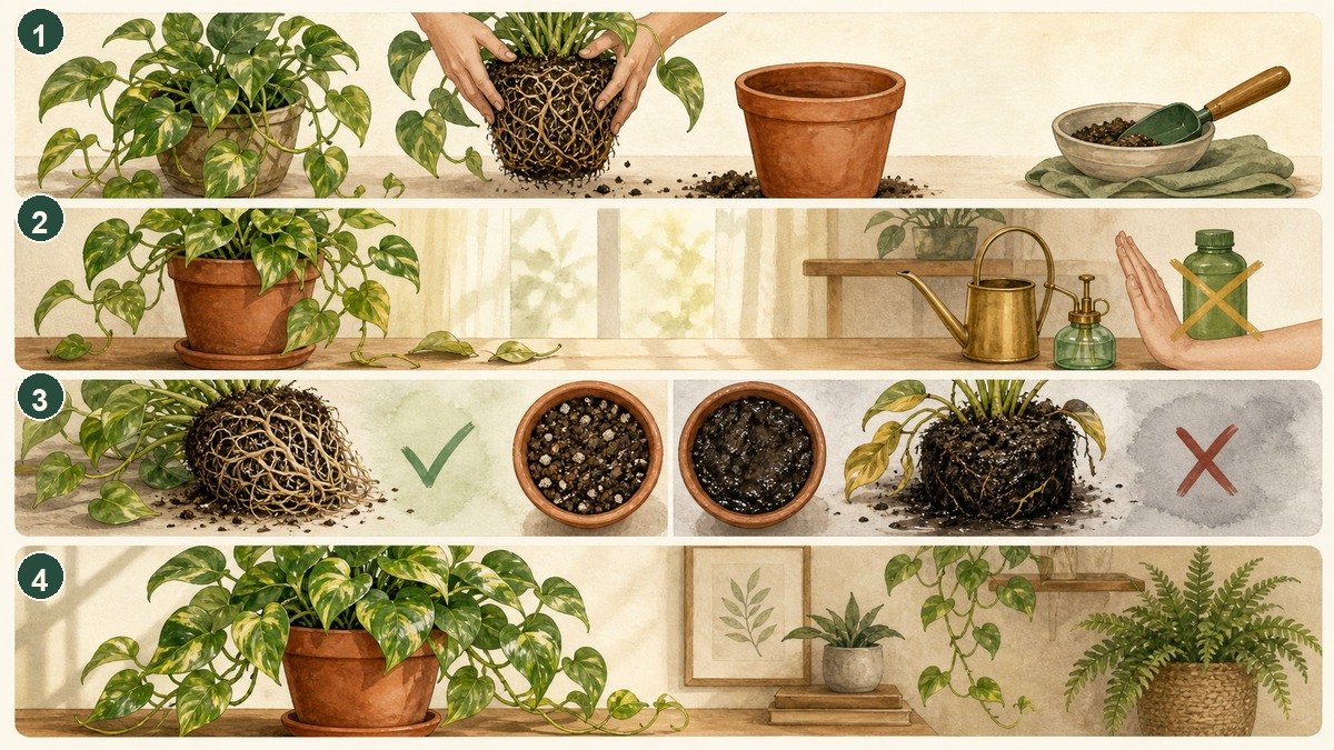Four-step visual guide for pothos leaves falling after repotting: repot carefully, hold fertilizer during recovery, compare healthy and waterlogged roots, and wait for stable new growth