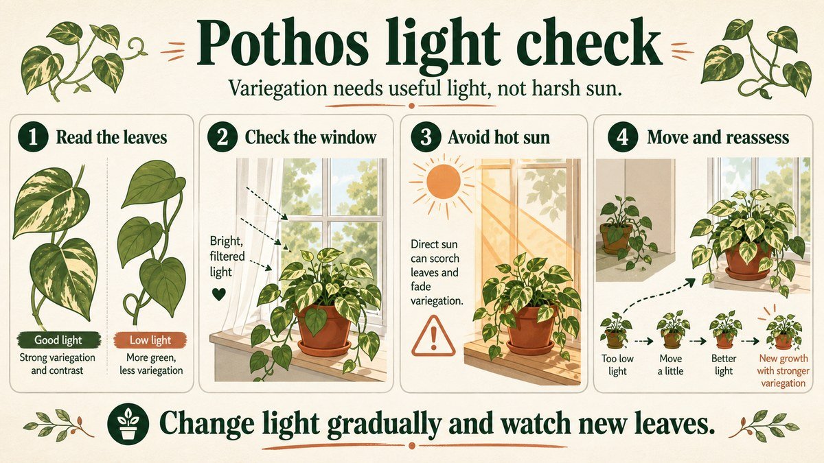 Four numbered pothos light checks: read the leaf pattern, find bright filtered light, avoid hot direct sun, and move gradually before reassessing new growth