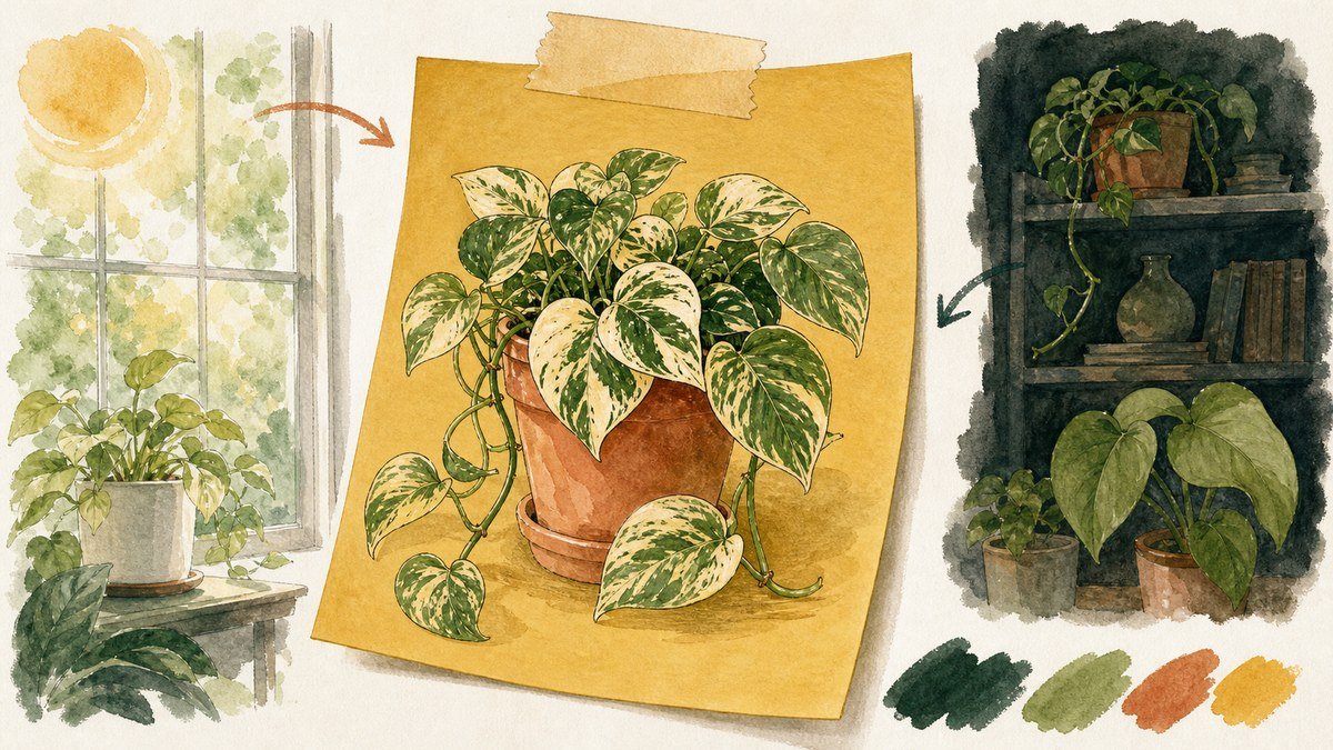 Hand-drawn light reminder showing a variegated pothos in bright filtered light, a dim shelf, and plainer green leaves