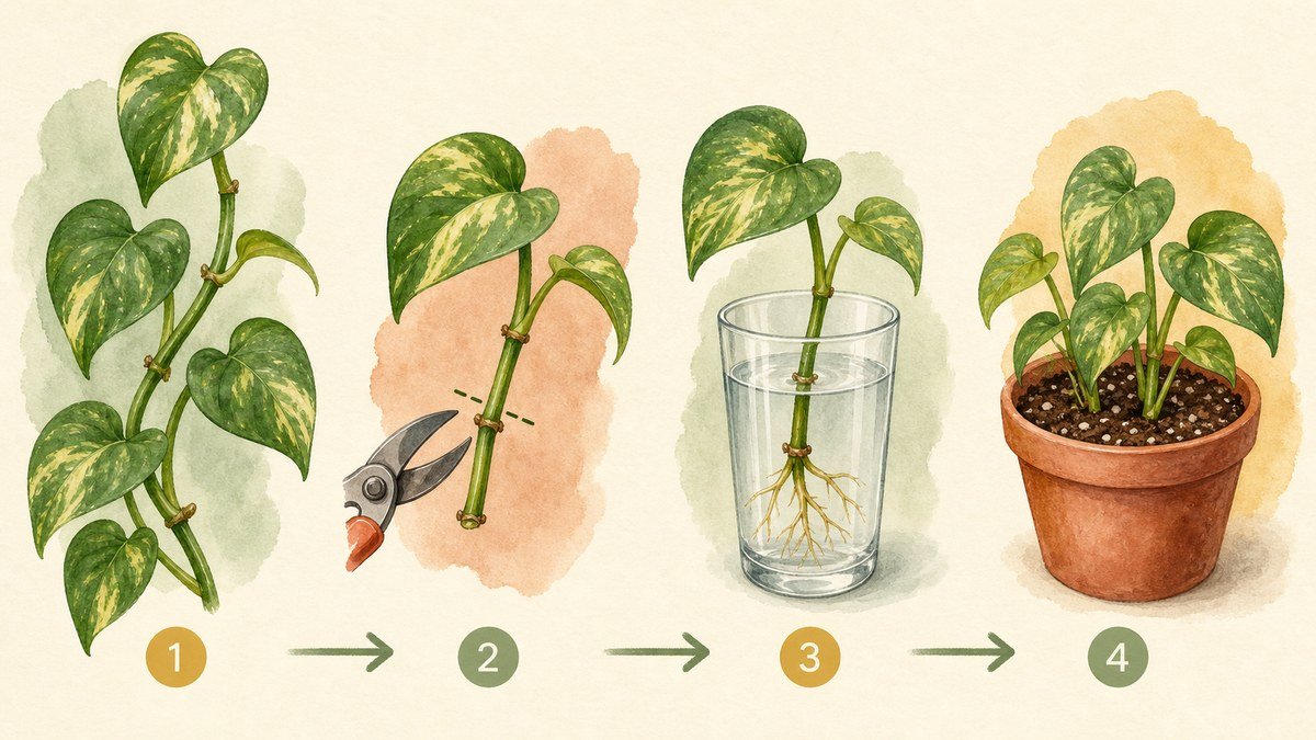 Four illustrated steps for propagating pothos: choose a vine with nodes, cut below a node, root the node in water, and pot several rooted cuttings
