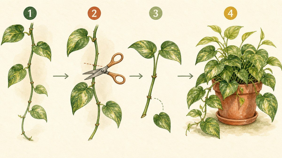 Four illustrated steps for pruning pothos: find a node on a long vine, cut just above it, prepare a healthy cutting, and encourage fuller branching