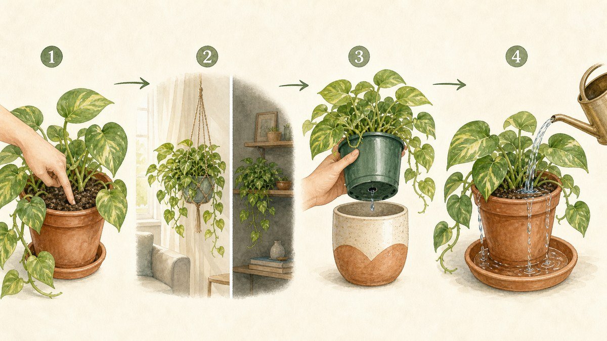 Four illustrated steps for deciding when to water pothos: check the mix, consider the light, lift the nursery pot for drainage, and water thoroughly