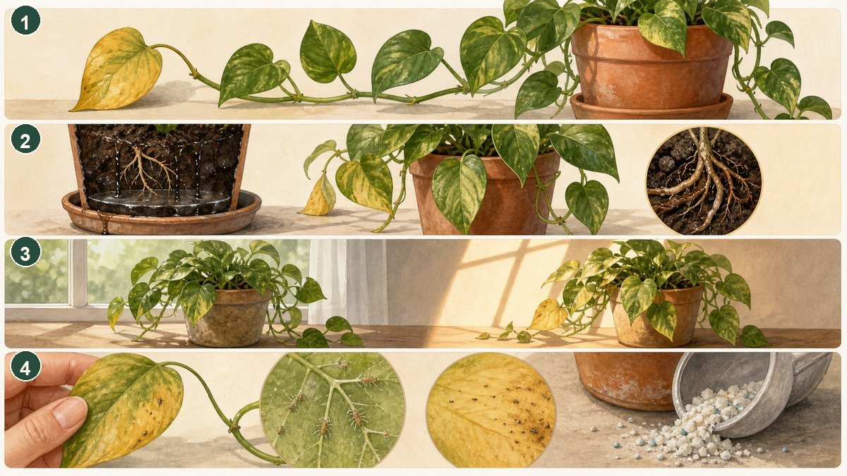 Four-step visual guide for yellow pothos leaves: check leaf age, inspect wet soil and roots, review light, and look for pests or fertilizer residue