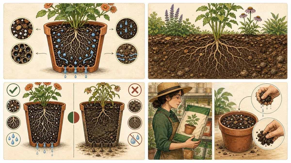 Four-step visual comparison of potting soil and garden soil: airy container mix in a pot, garden soil supporting roots in a bed, compacted soil harming a potted plant, and checking a container-use bag and sample texture