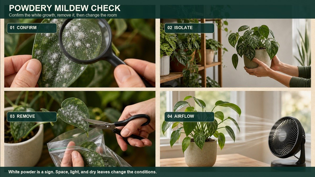 Four-action visual guide for powdery mildew on houseplants: confirm a powdery patch, isolate the plant, remove infected leaves, and improve airflow