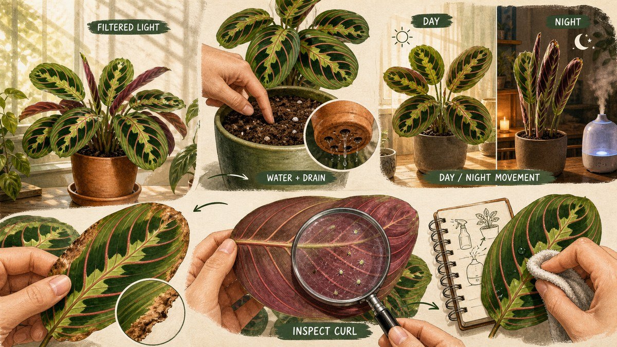 Prayer plant care actions: use filtered light, water and drain the mix, observe normal day and night leaf movement, and inspect curled leaves and their undersides
