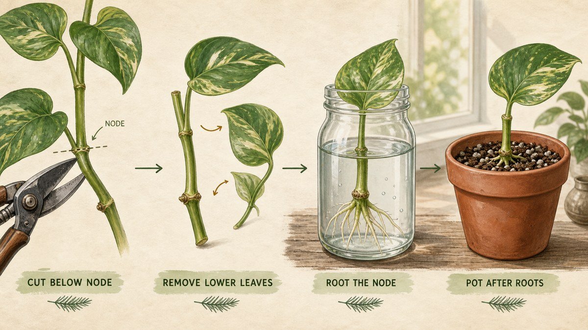Visual guide to propagating houseplant cuttings: cut below a node, remove lower leaves, root the node in water, and pot the cutting after roots form