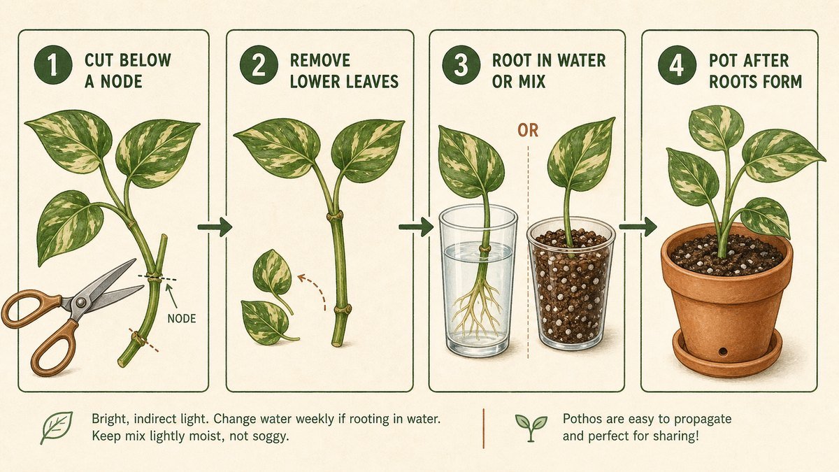 Four illustrated houseplant propagation steps: cut below a node, remove lower leaves, root the cutting in water or airy mix, and pot it after roots form