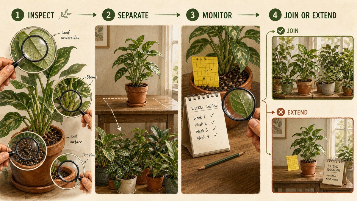 Visual guide to quarantining a new houseplant: inspect leaves and soil, keep the plant physically separate, monitor with weekly checks, then join or extend isolation
