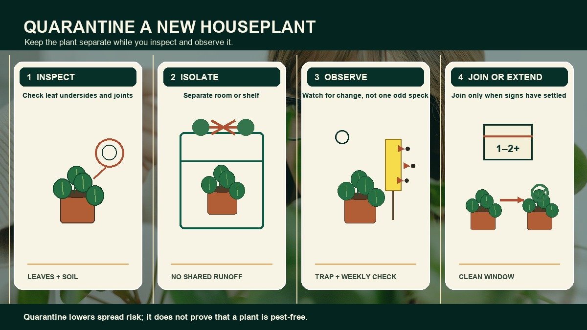 Action-based visual of new-houseplant quarantine: inspect leaves with a magnifier, isolate the pot behind a separation boundary, monitor a sticky card, then join or extend quarantine after a clean window