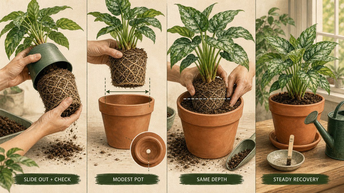 Visual guide to repotting a houseplant: slide out and inspect the root ball, choose a modest pot with drainage, settle the plant at the same depth, and provide steady recovery care