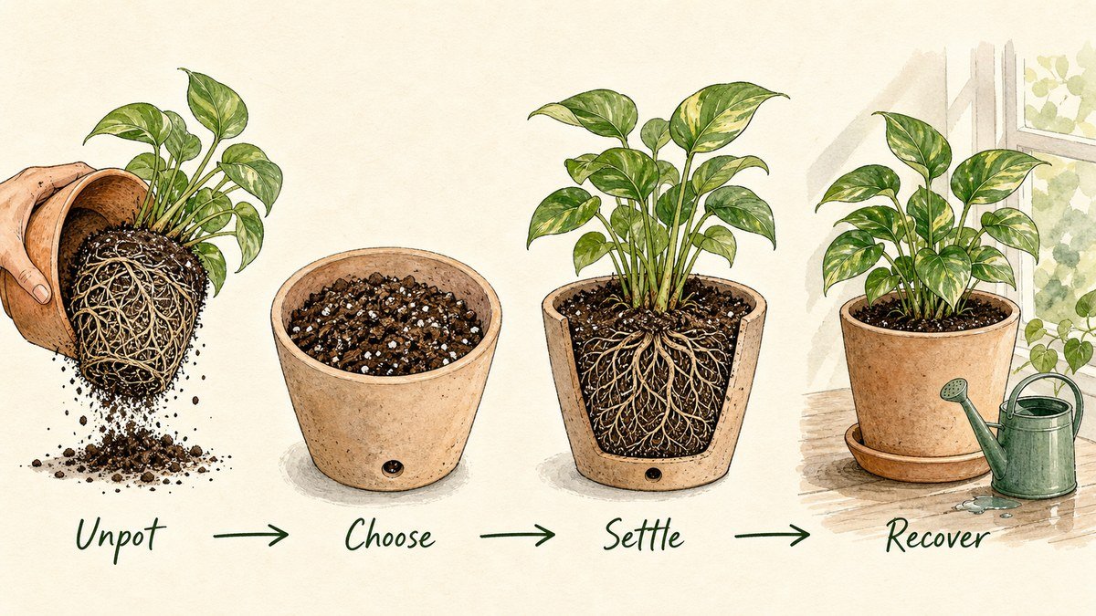 Four illustrated houseplant repotting steps: slide out the root ball, choose a modest draining pot, settle the plant at the same depth, and provide steady recovery care