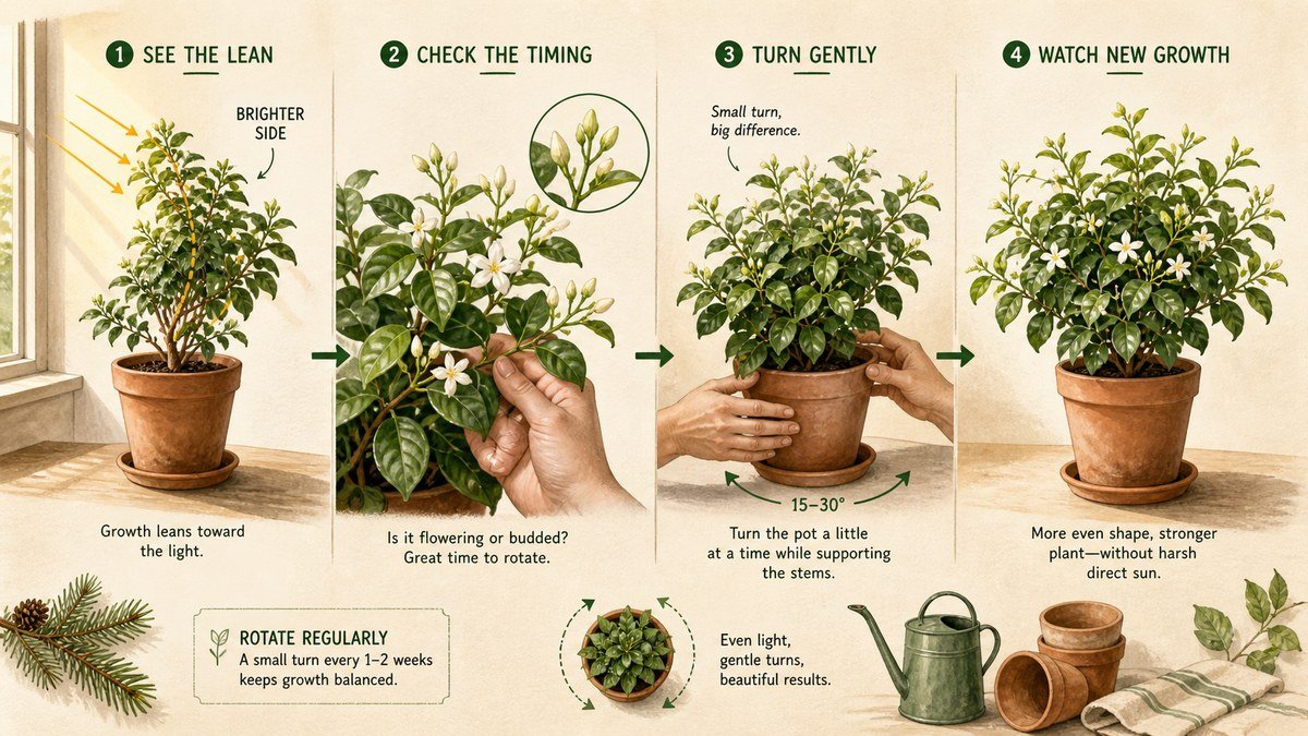 Visual guide to rotating houseplants: identify one-sided light, check whether the plant is flowering or budded, turn the pot gently, and watch new growth