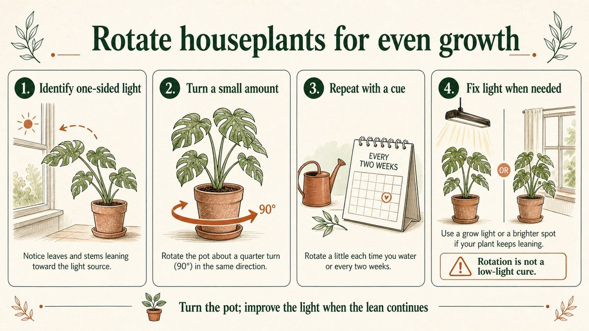 Four-step houseplant rotation guide: identify one-sided window light, turn the pot a small amount, repeat with a watering or calendar cue, and improve the light if the lean continues