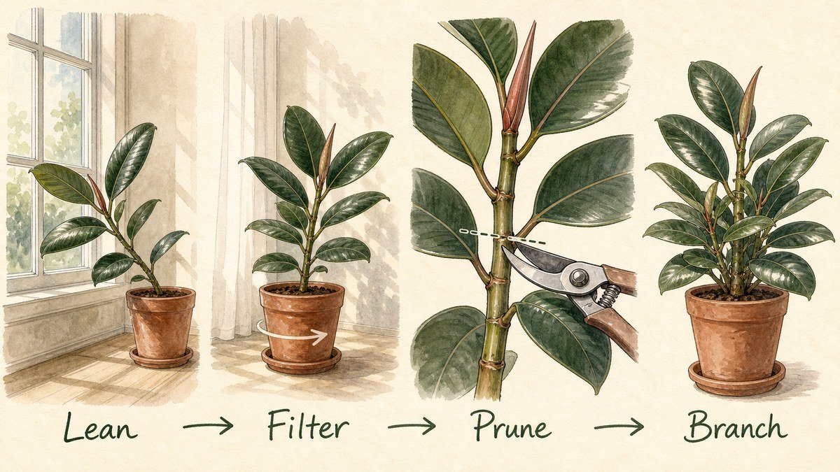 Four illustrated rubber plant steps: notice a leaning plant, filter bright window light, prune above a node, and encourage new branches