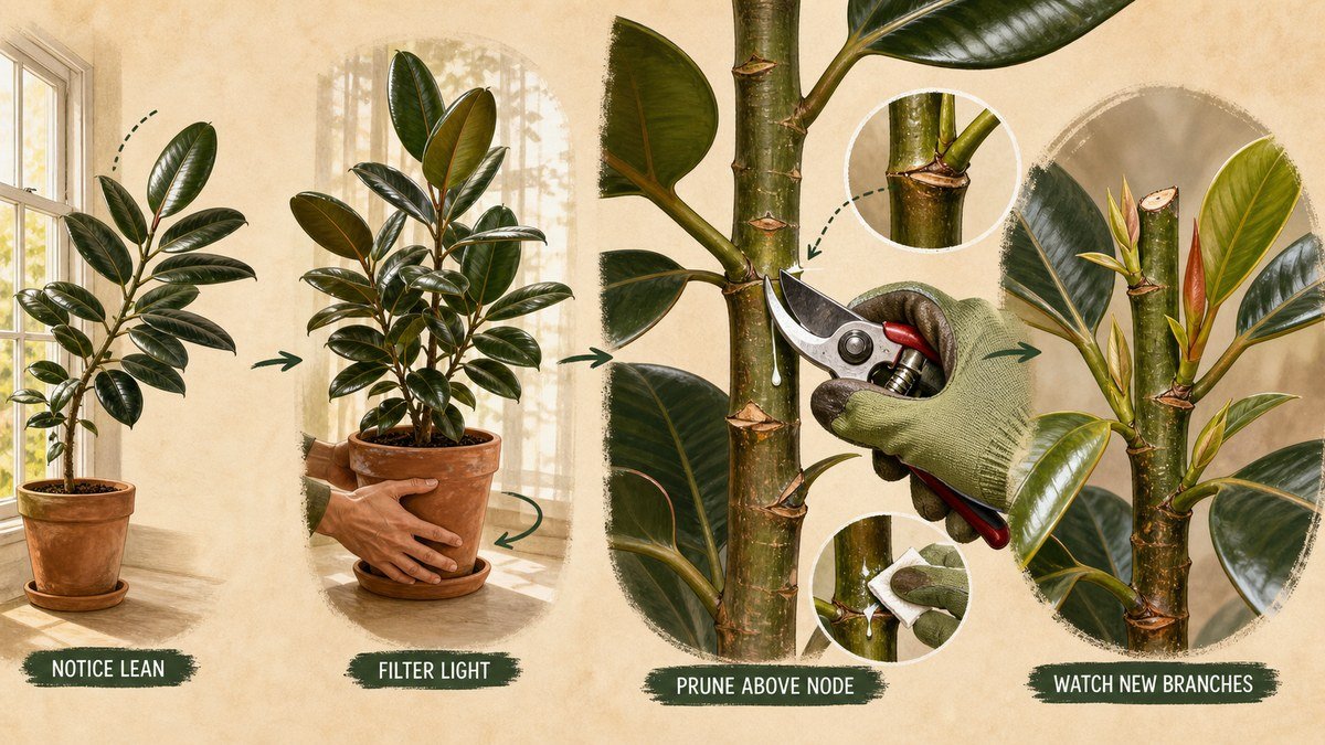 Rubber plant shaping actions: notice a leaning stem, turn the plant toward filtered light, prune above a node with gloves, and watch for new branches