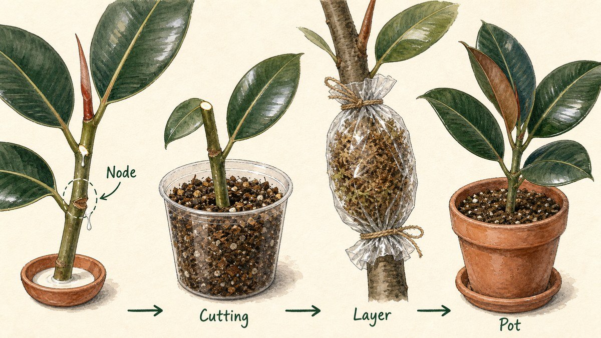 Four illustrated rubber plant propagation steps: choose a node, plant a stem cutting, air layer a branch, and pot the rooted section