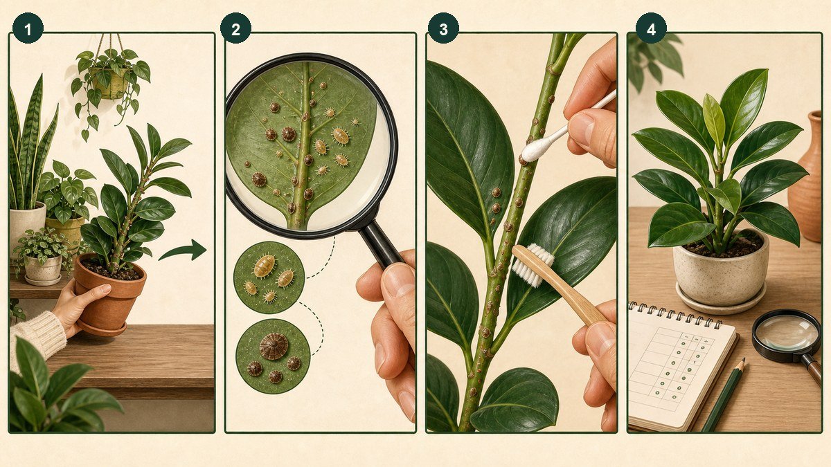 Four-step visual guide for managing scale insects on houseplants: isolate the plant, inspect stuck-on bumps and crawlers, remove visible scale, then repeat checks for clean new growth