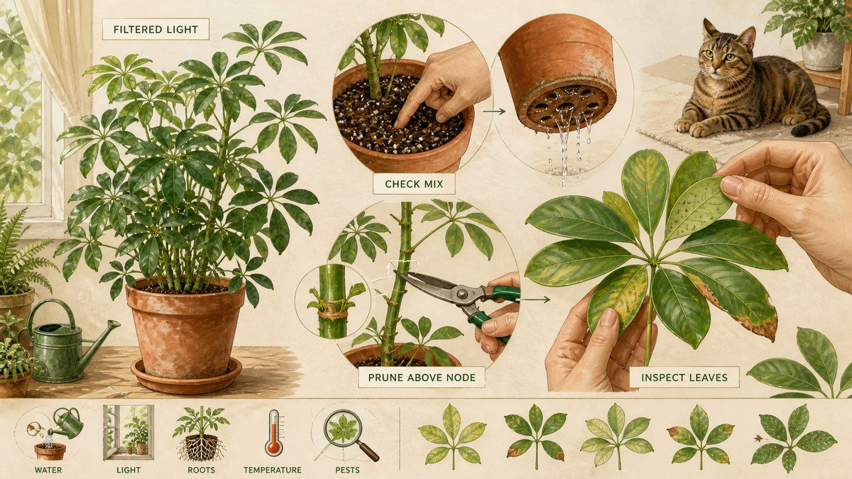 Schefflera care actions: provide filtered light, check the potting mix before watering and drainage, prune leggy growth above a node, and inspect leaves while keeping pets away