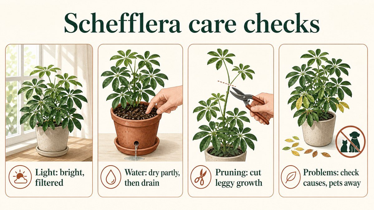 Infographic showing schefflera checks for filtered light, partly dry soil, pruning, and leaf-drop or pet-safety problems