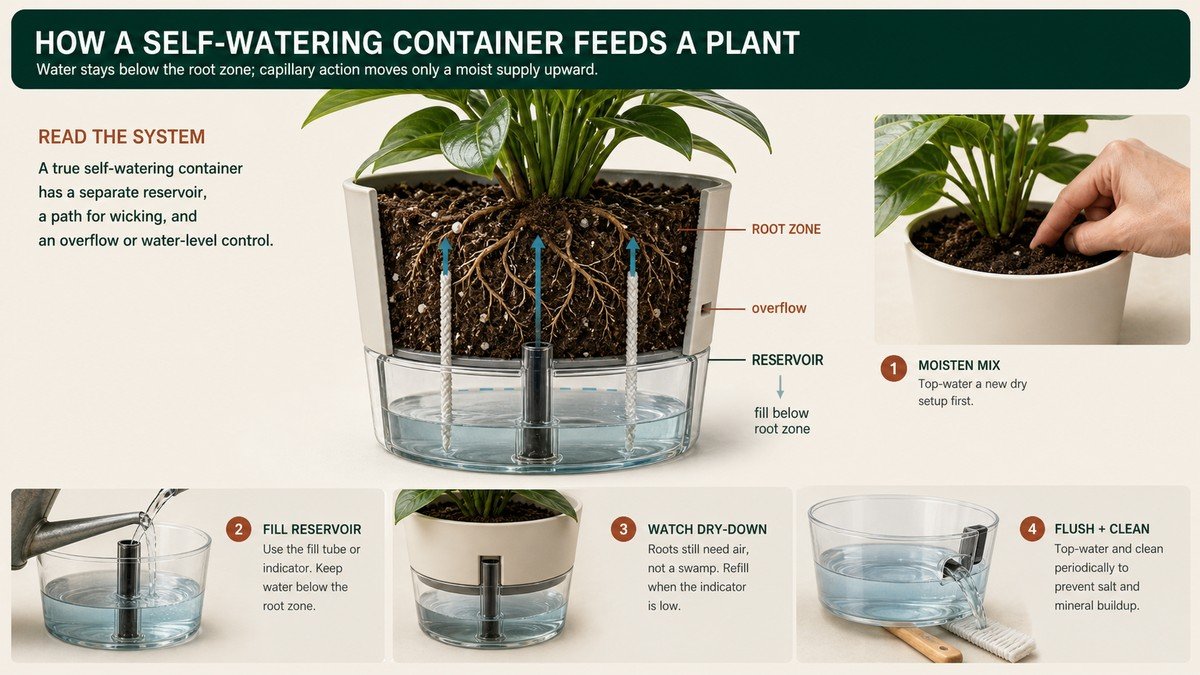 Original cutaway diagram showing a plant above a potting mix, wick columns drawing water from a lower reservoir, an overflow path, and four setup actions