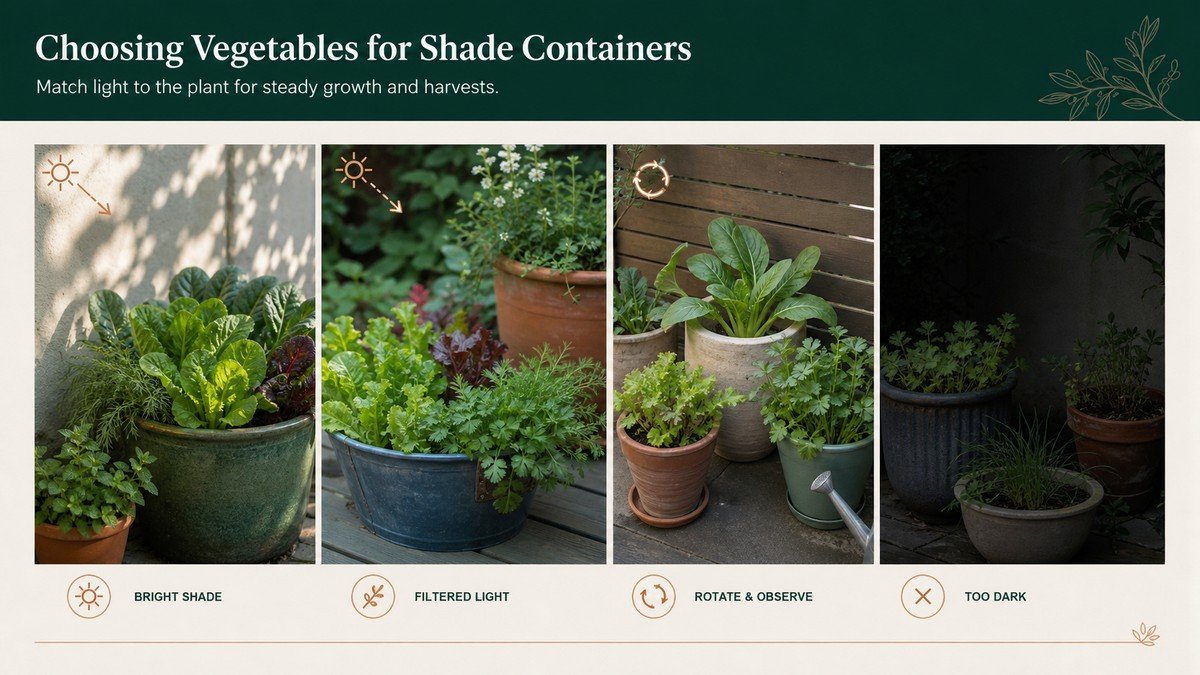 Visual guide using real leafy vegetables and lettuce containers to show four shade-container actions: measure light, choose leafy crops, match pot depth, and harvest young leaves