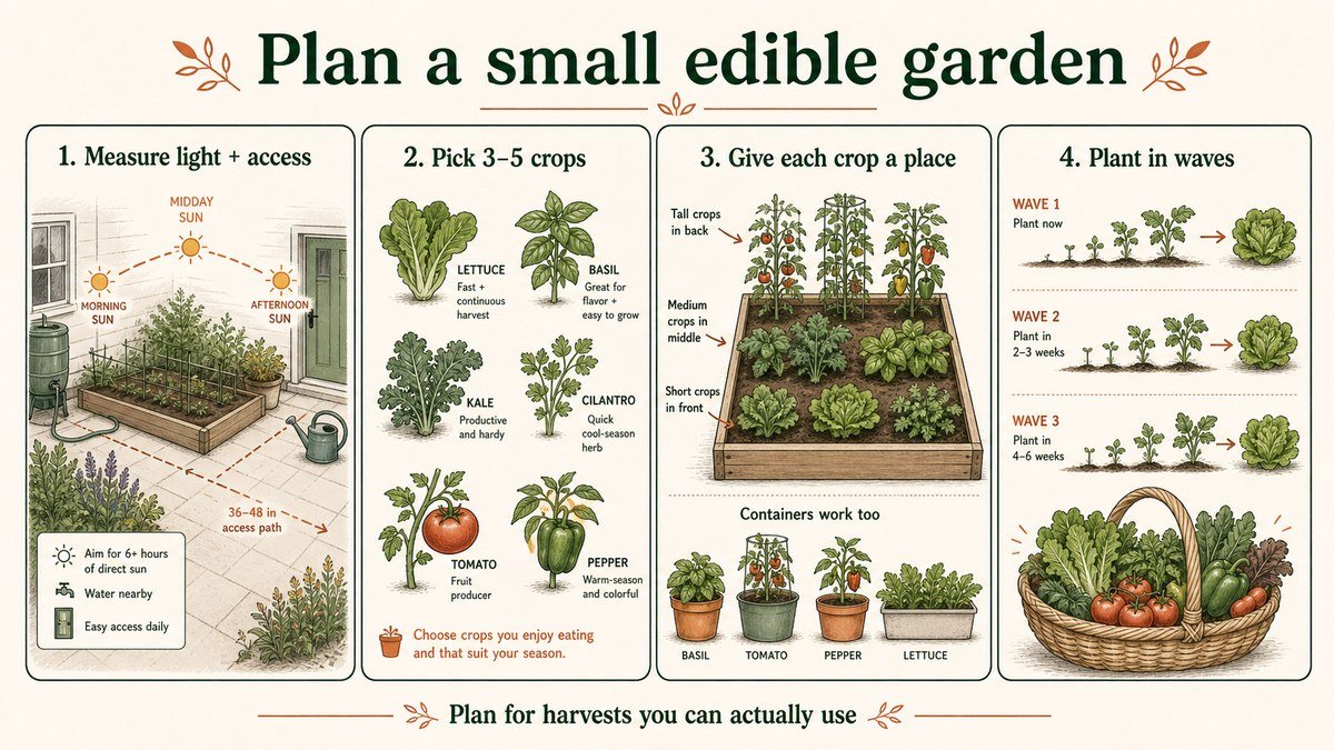 Four-step small edible garden plan: measure light and water access, choose three to five crops, give each crop a place, then plant in waves for continuing harvests