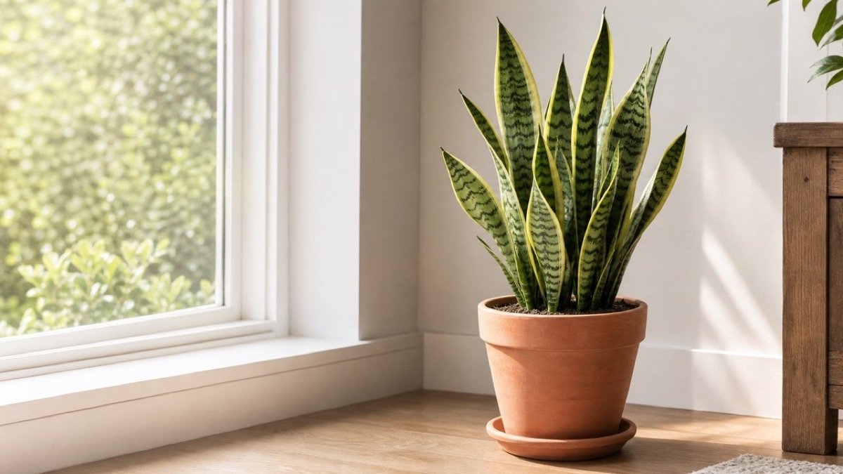 A healthy snake plant in a terracotta pot beside a bright window
