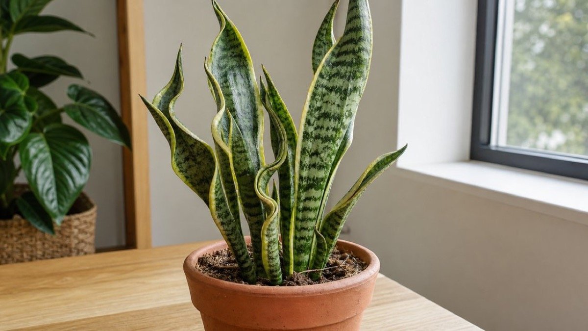 A snake plant with several curled leaves in a clay pot near a window