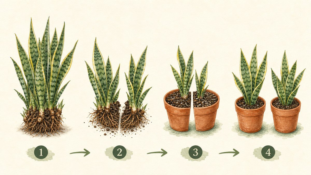 Four illustrated steps for propagating a snake plant by division: remove the mature clump, separate rooted sections, pot each section, and allow the new plants to settle
