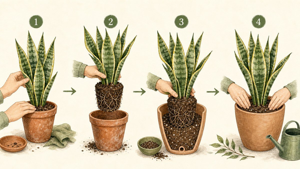 Four illustrated steps for repotting a snake plant: inspect the plant, lift the root ball, place it in a modestly larger draining pot, and settle it at the same depth