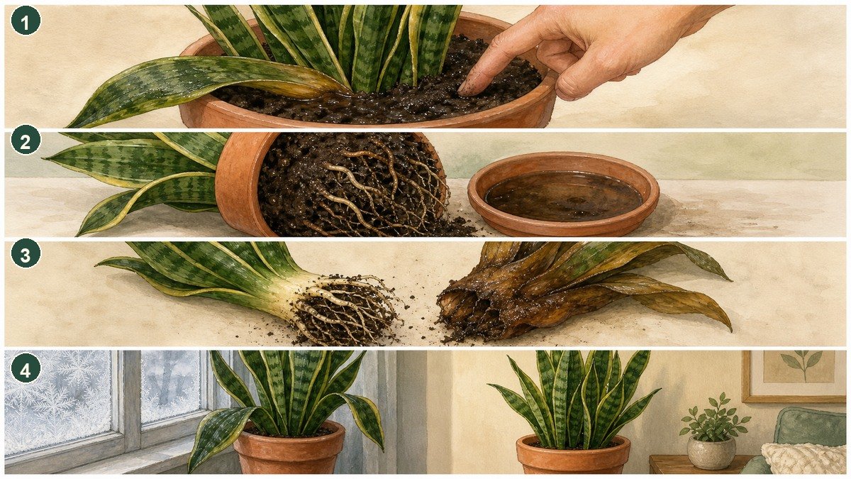 Four-step visual guide for soft snake plant leaves: check wet soil, inspect roots and drainage, separate firm tissue from mushy crown tissue, and move the plant away from cold glass