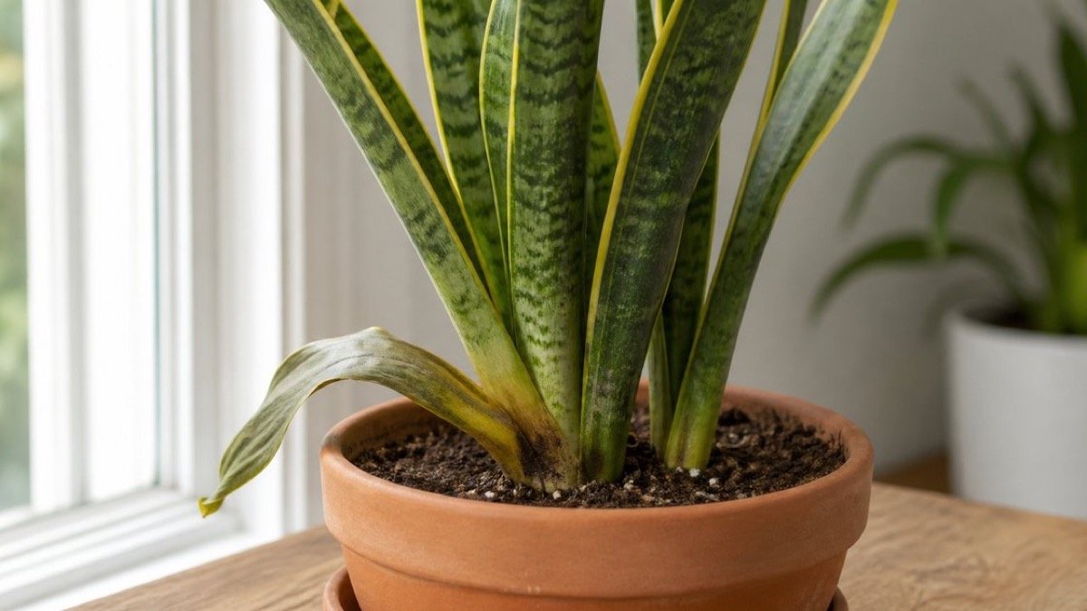 A snake plant with a soft yellowing lower leaf near the base of the pot