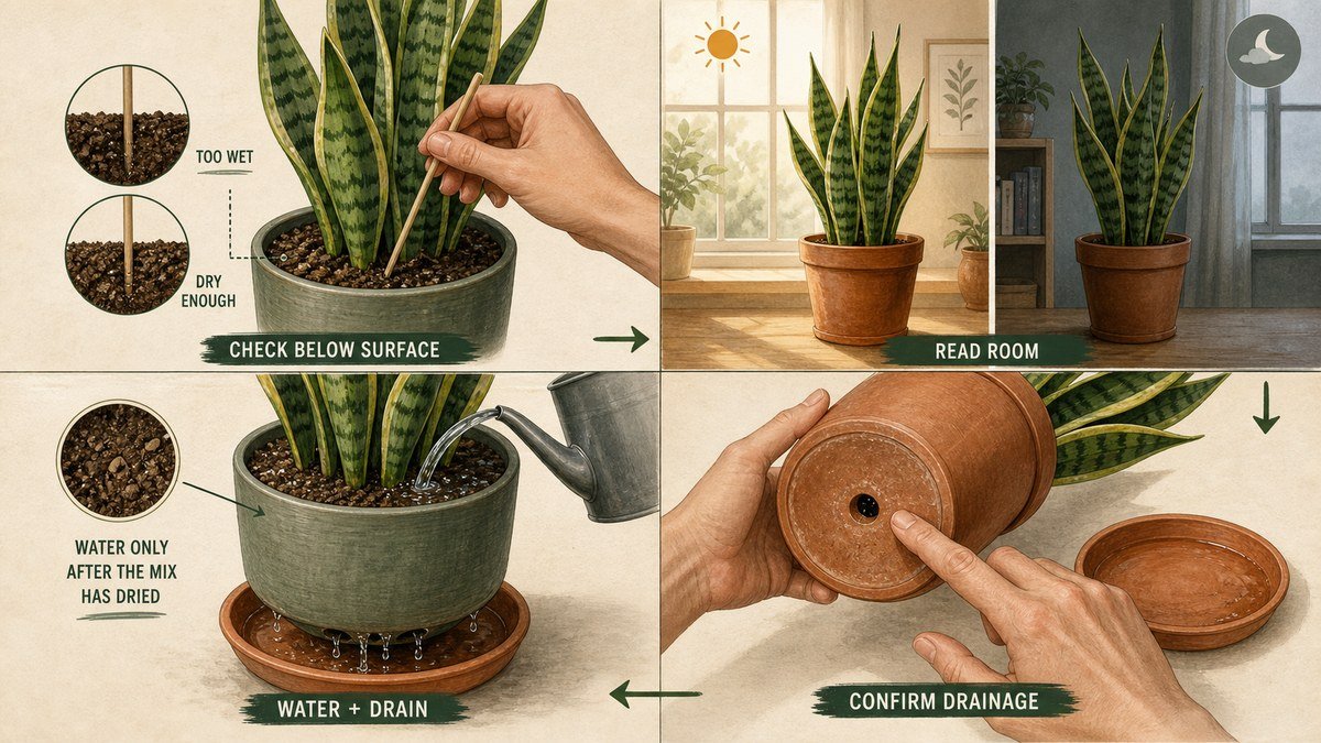 Snake plant watering actions: check below the soil surface, read the room's light and temperature, confirm a drainage hole, then water and drain after the mix dries