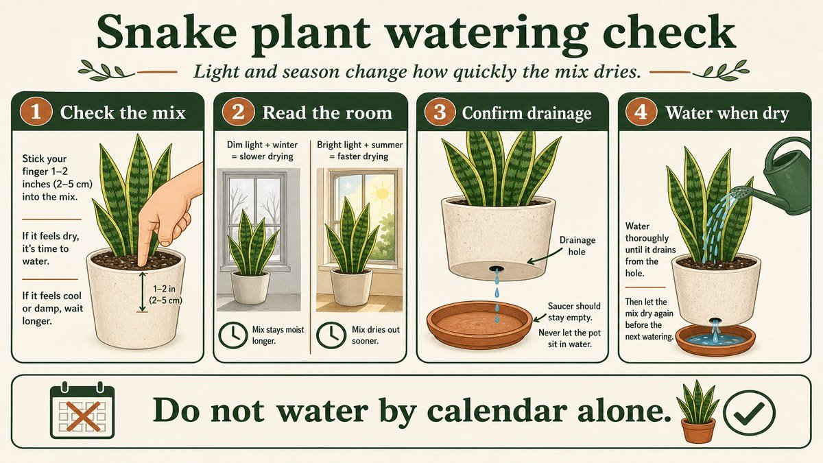 Four numbered snake plant watering checks: feel the mix, read the room's light and season, confirm drainage, and water thoroughly when the mix is dry