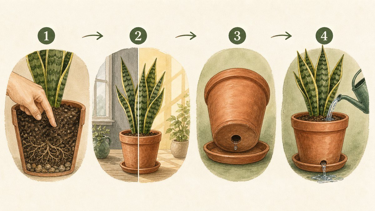 Four illustrated steps for deciding when to water a snake plant: check the mix, consider the light, confirm drainage, and water thoroughly when the mix has dried